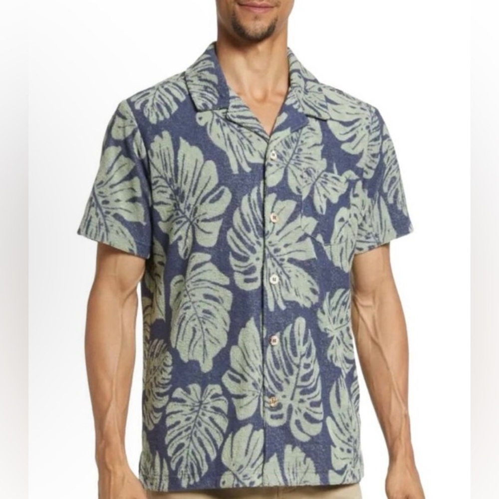 MARINE LAYER Men’s Terry Out Short Sleeve Resort Shirt Navy/Malachite- | XL